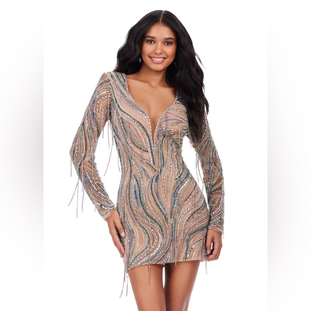Ashley Lauren STYLE #4658 V NECK FULLY BEADED COCKTAIL DRESS WITH FRINGE SIZE 6